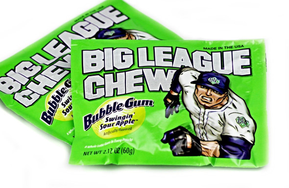 Vibrant green Big League Chew Sour Apple shredded bubble gum, 9 packs, 12 Count. Tangy, sour apple candy.
