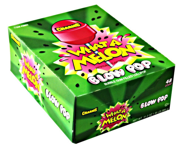 12 packs Charms What A Melon Blow Pops, 48 watermelon lollipops each with bubblegum centers.