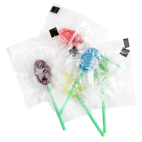 Rose Brands sugar free lollipops, 80 individually wrapped pieces in cherry, lemon, blue raspberry, grape, green apple flavors.