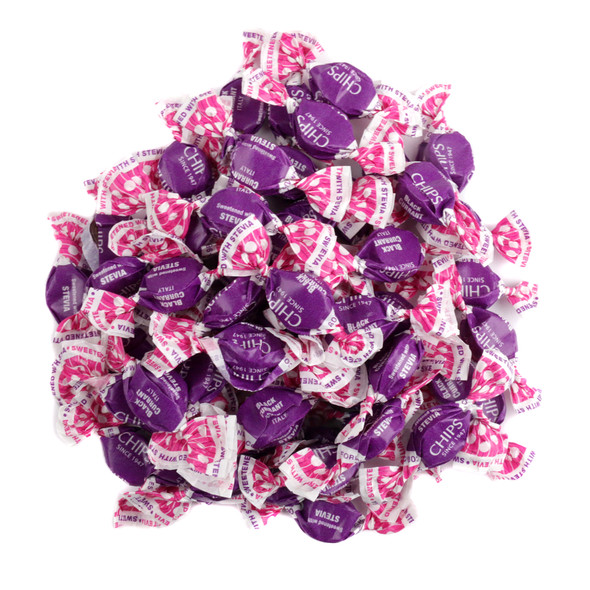 Dark purple Black Currant Sugar Free Italian pastilles, approx. 340 pieces per pound, vegan, gluten-free candy.