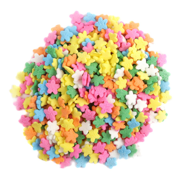 Pastel flower shaped sprinkles mix, pink, orange, yellow, green, blue, and white for cupcakes, cookies, cakes.
