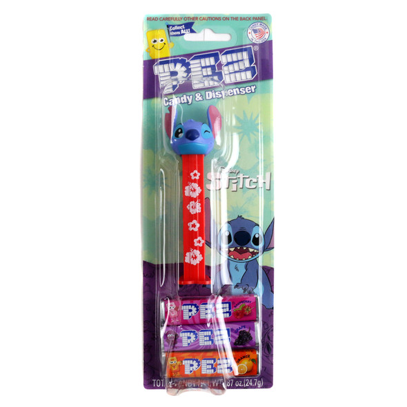 12 individually wrapped blue Stitch, pink Angel, and Aloha Stitch Pez candy dispensers with refills.