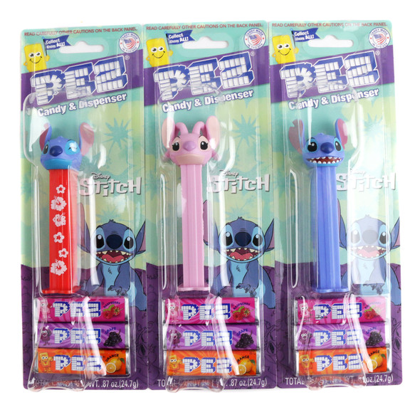 12 Pez Stitch dispensers, individually wrapped with candy refills, featuring blue Stitch, pink Angel, and Aloha Stitch.