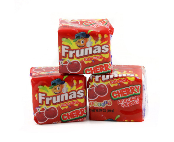 18-pack of vibrant red, chewy Cherry Frunas candy bags, 48 pieces each. Perfect for parties, pinatas, and parades.