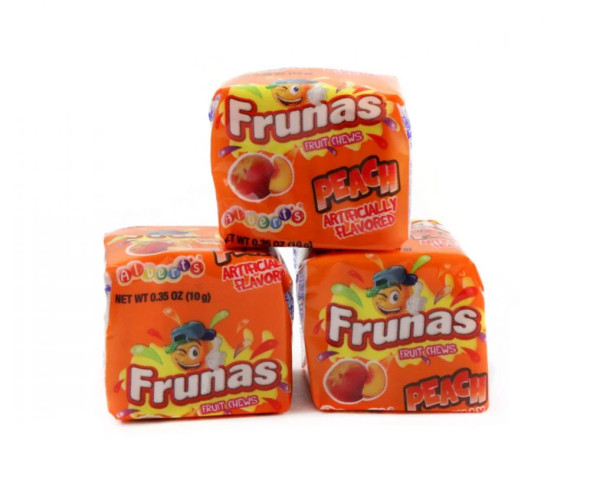 18-pack case of 48-count bags. Individually wrapped, soft, chewy, juicy peach Frunas candy chews.