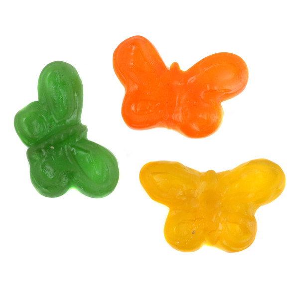 30LB box of large, vibrant gummy butterflies, red, pink, green, yellow, orange. Bulk candy for events.