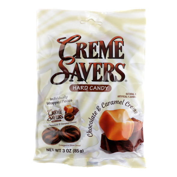 3oz bag of Creme Savers Hard Candy, approx 21 chocolate & caramel creme swirled brown and cream pieces.