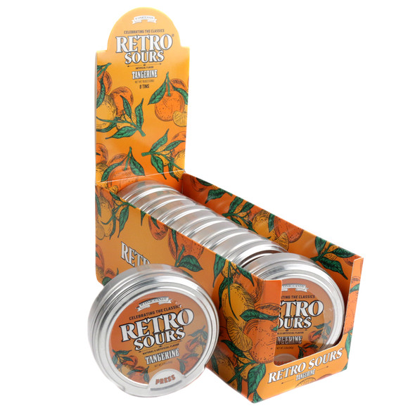 Eight orange tins of Iconic Retro Sours Tangerine hard candy, bold zesty sour citrus flavor. 8-pack.