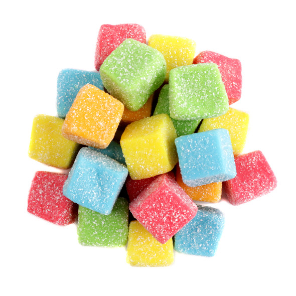 Vibrant, sugar-coated sour gummy cubes in a mix of red, green, orange, blue, and yellow fruity flavors.