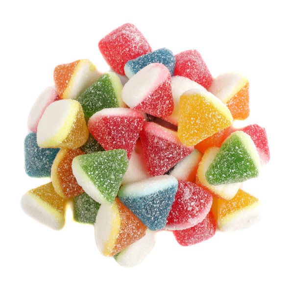 Rainbow-colored sour gummy pyramids, chewy fruit-flavored candy with a tangy coating.