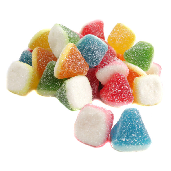 Rainbow sour gummy pyramids, bright fruit colors, pyramid shapes, sparkling sugary sour coating.