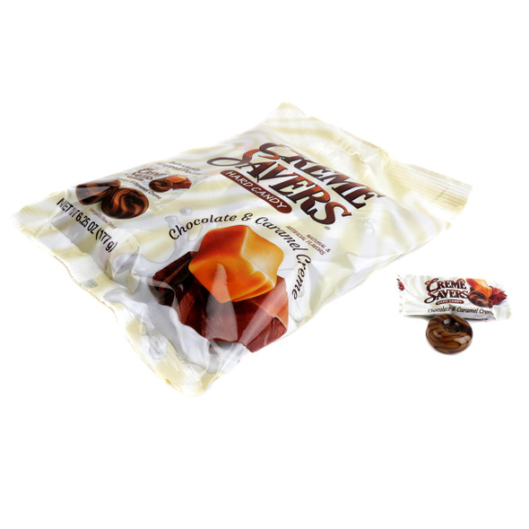 12 pack 6.25oz bags Creme Savers Hard Candy, chocolate caramel swirl, individually wrapped, brown and tan.