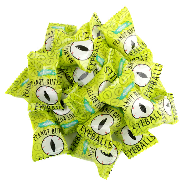 Atkinson Peanut Butter Eyeballs, green Halloween foil, individually wrapped, spooky peanut butter candy, crispy, crunchy.