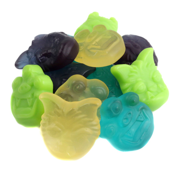 Albanese Gummy Halloween Monsters. Many soft, chewy spooky ghouls, goblins, and creatures in vibrant fruit colors.