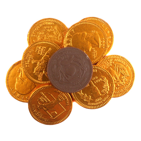 Gleaming copper foil wrapped chocolate coins, rich creamy milk chocolate candy treats for parties, elegant presentation.