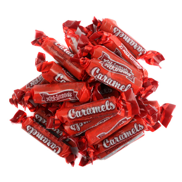Atkinson Pumpkin Spice Caramels, USA made, individually wrapped fun size, warm orange-red fall colors.