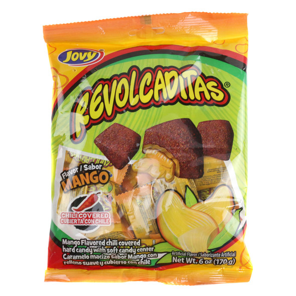 Jovy Mango Revolcaditas, 6oz bag with approx 30 individually wrapped yellow hard candies, coated in zesty red chili powder.