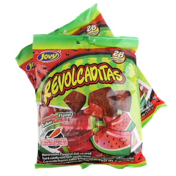 Jovy Watermelon Revolcaditas, spicy red hard candies with chili coating, 6oz bag, approx 30 pieces.