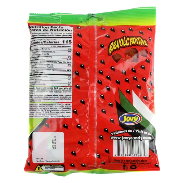 Jovy Watermelon Revolcaditas, 6oz bag, approx 30 red Mexican hard candies with chili coating, chewy centers.