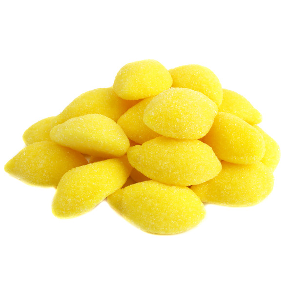 Vibrant yellow gummy lemons with classic shape, soft chew, sweet citrus flavor, and sanding sugar shimmer.