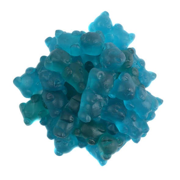 Many vibrant blue, spicy blue raspberry gummy bears. Chewy candy with a fiery flavor kick.