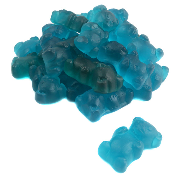 Spicy Blue Raspberry Gummy Bears, vibrant blue color, soft chewy texture, many small candy bears.