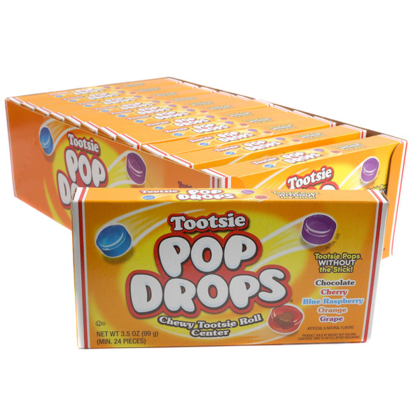 Tootsie Pop Drops, 12-pack theater box. Bite-sized assorted fruity hard candy shells with chocolatey Tootsie Roll centers.