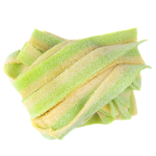 Green pickle sour belts, chewy, stretchy, with a bold briny dill flavor and a mouth-watering sour kick.