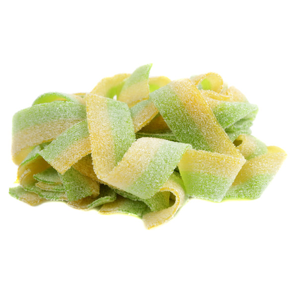 Green sour pickle candy belts, bulk 19.8LB. Chewy, stretchy, tangy, salty, sour dill flavor.