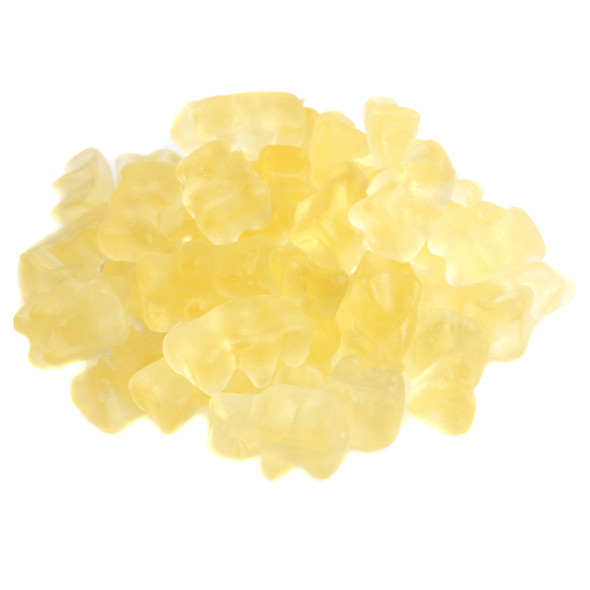 Yellow sour sparkling Prosecco gummy bears, approx. 72 per pound. Non-alcoholic Belgian candy.