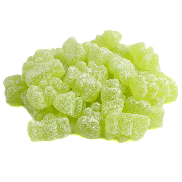 Bright green Sour Margarita gummy bears. Zesty lime, orange, salt flavors. Approx 72 chewy candies per pound.