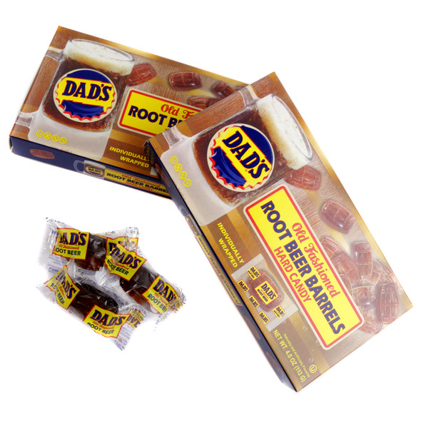 Twelve Dad's Root Beer Barrels brown hard candy theater boxes, classic nostalgic root beer flavor.