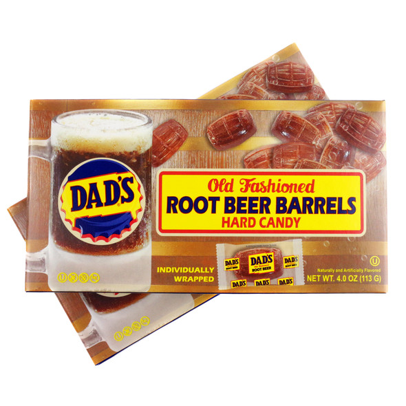 Dad's Root Beer Barrels 12-pack theater box, brown barrel-shaped hard candy.