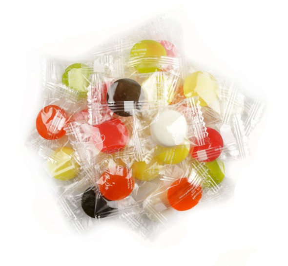 Eda's Tropical Mix Sugar Free Candy, 15LB bulk case. Assorted colorful candies, pineapple, orange, banana, pink grapefruit flavors.