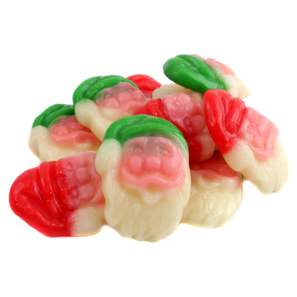 Red and white strawberry cream Gummy Santas candy, jolly Santa faces, white beards, red cheeks, 6 x 4.4LB bags.