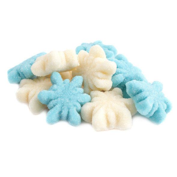 Blue glitter snowflake gummies, 2.2LB bag, sparkly sugar coating, fruity holiday candy.