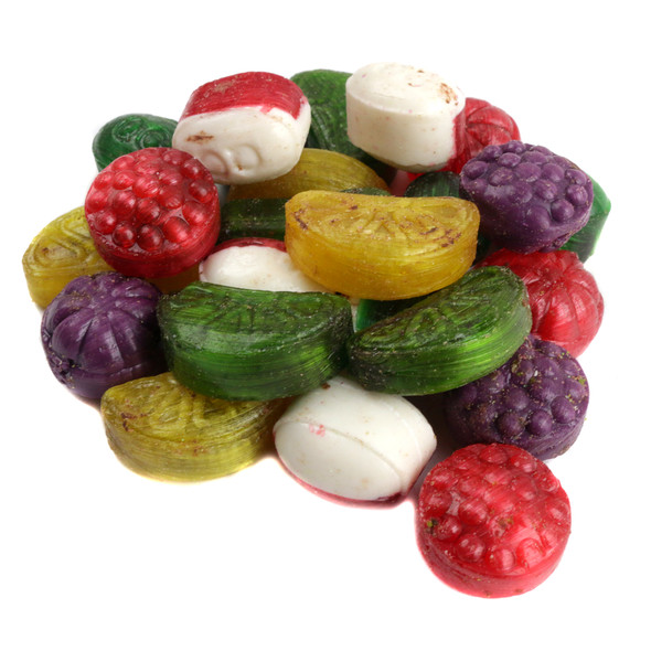 Old Fashioned Christmas unwrapped hard candies, rich chocolatey centers, assorted festive colors.