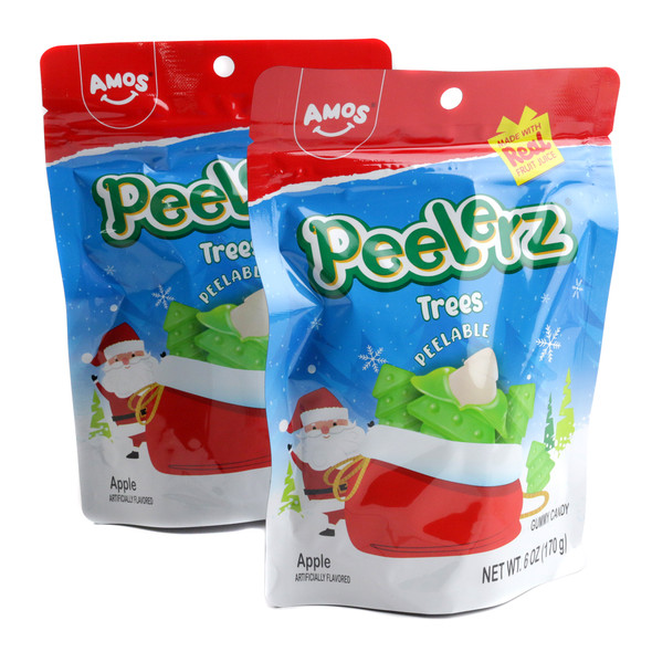 Amos Peelerz 6oz bag, 36 green apple-flavored peelable Christmas Tree novelty gummies.