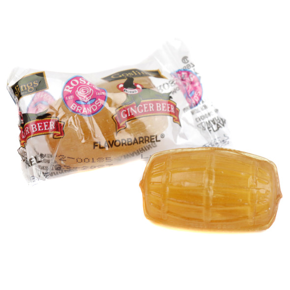 Brown, barrel-shaped Goslings Ginger Beer hard candy, approx. 48 pieces per pound. Natural ginger, sweet, spicy, refreshing zing.