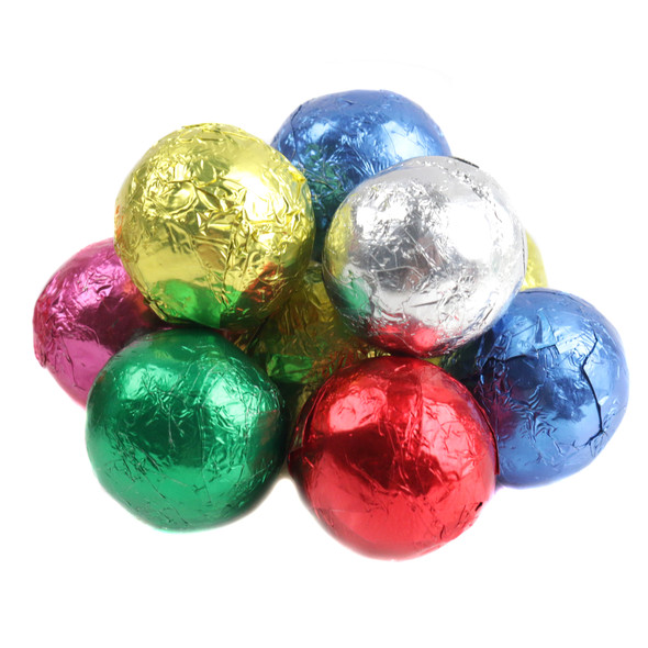 Madelaine Milk Chocolate Crispy Christmas Balls, vibrant red, green, gold foils, approx 80 per pound.