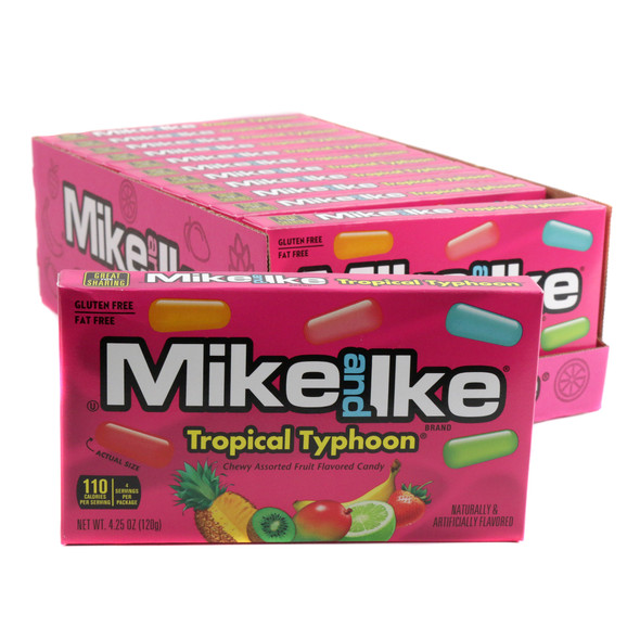 Mike and Ike Tropical Typhoon rainbow chewy candy, 12 theater boxes, kiwi, banana, mango fruit flavors.