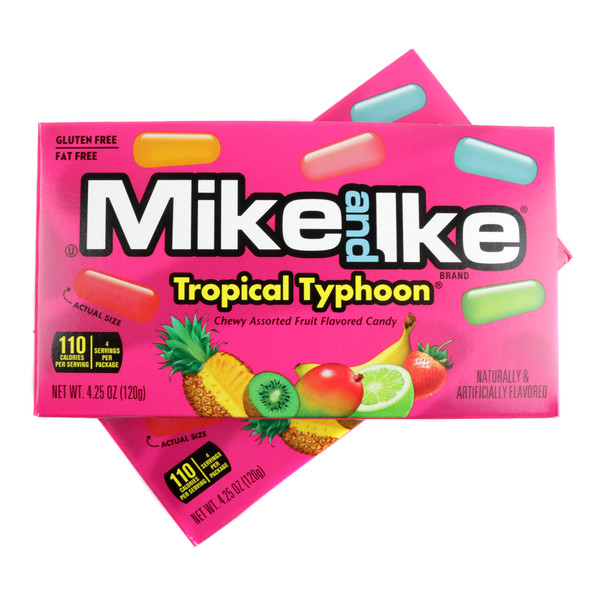 Mike and Ike Tropical Typhoon 12-pack theater boxes, rainbow chewy fruit candies, 4.25oz each.