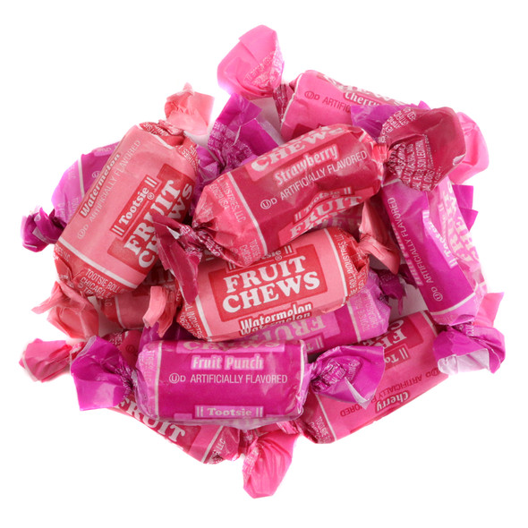 All red fruit chew Tootsie Rolls, individually wrapped. Approx 65 per pound. Cherry, watermelon, strawberry, fruit punch.