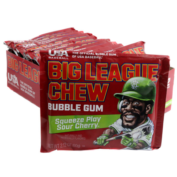 Nine Big League Squeeze Play Sour Cherry shredded candy packs. Vibrant red, mouth-puckering sour cherry flavor.