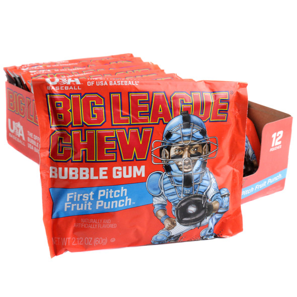Big League Chew First Pitch Fruit Punch, shredded red bubble gum. Classic pouch, vegan, gluten-free, USA made.