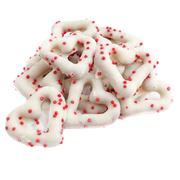 image of Heart Shaped Yogurt Covered Pretzels Red Nonpareils bulk unwrapped white chocolate valentines candy