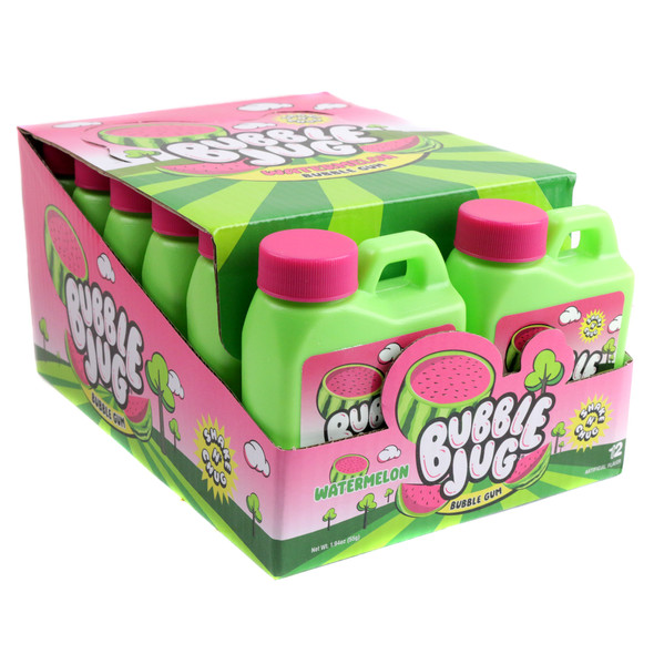 72 vibrant green and pink watermelon bubble gum jugs, iconic packaging, with sweet chewable cubes.