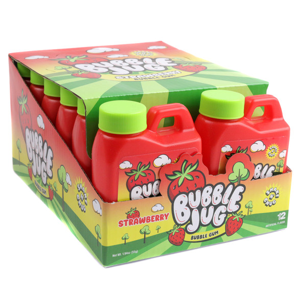 12 red iconic Bubble Jugs of strawberry bubble gum. Each 1.94oz jug is a retro novelty pourable candy.