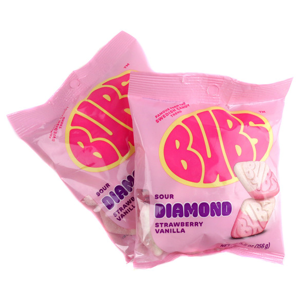 Bubs Sour Strawberry Vanilla sour diamond candies, pink & white. Vegan, gluten-free, 5.5oz bag, approx 20 pieces.
