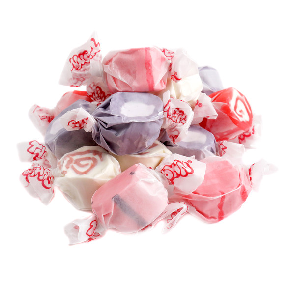 Chewy Valentine Salt Water Taffy mix. Pink, red, white pieces. Fruity, creamy flavors like Strawberry, Red Velvet, Vanilla. 65 per pound.